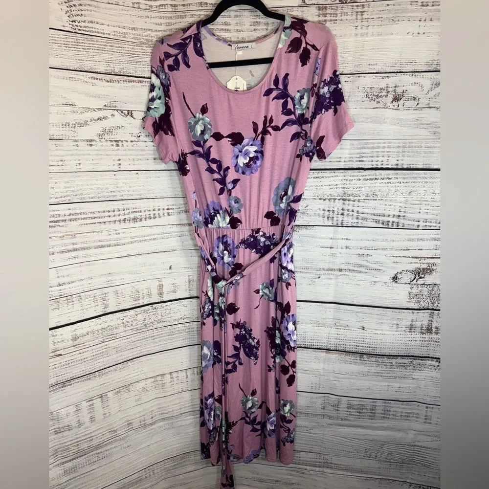 Levaca Dress Womens Size Large Floral belted Short Sleeve Maxi Summer casual New